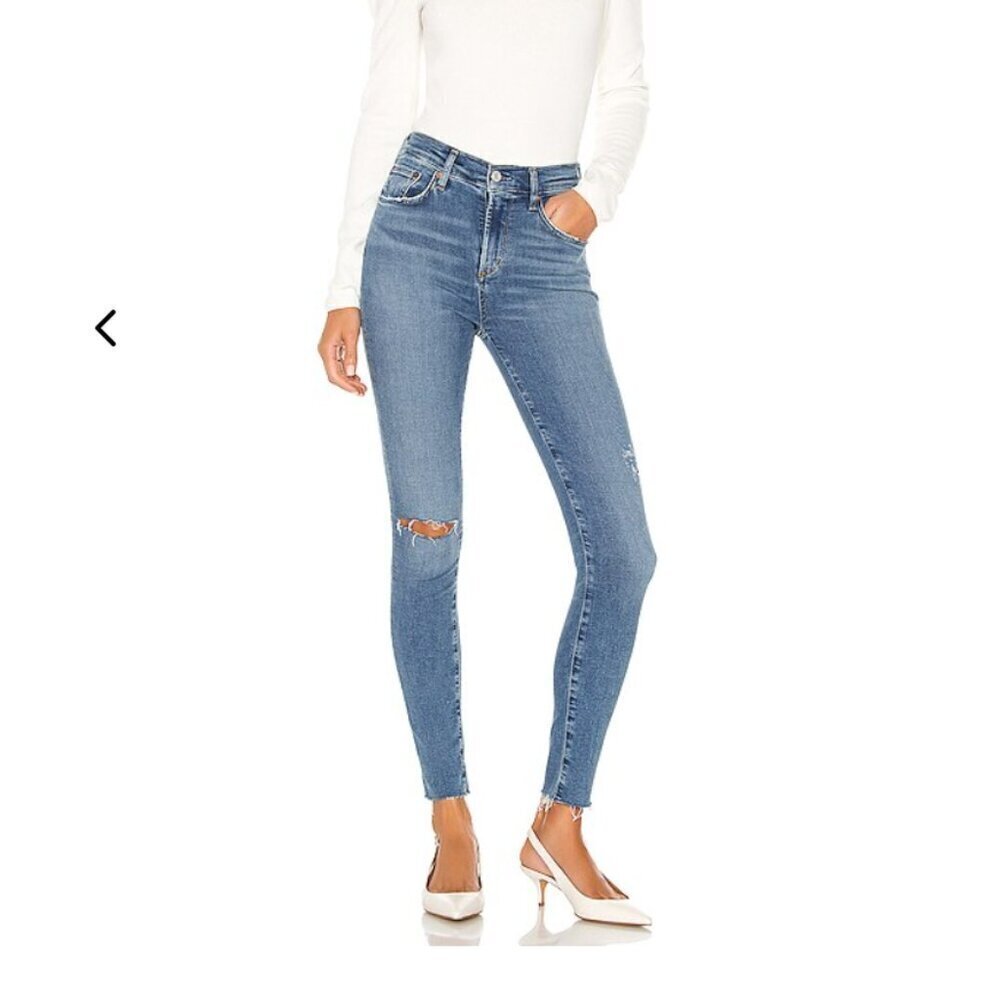 Agolde Jeans Sophie High Rise Skinny Denim Jean Raw Hem Distressed Blue Size 27